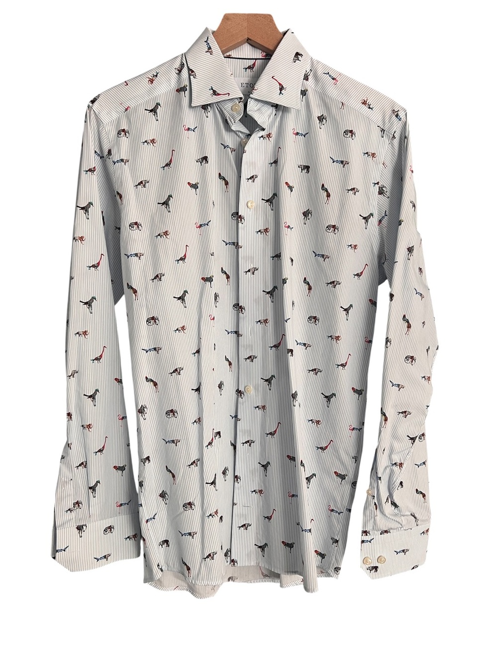 Eton White Shirt with Blue Pinstripes and Multicolor Animal & Bird Motifs